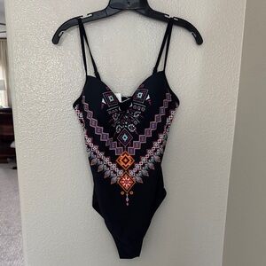 Black Womens One-Piece Swimsuit with Multicolor Aztec Print
